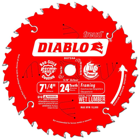 Freud D0724A Diablo 7-1/4-inch 24T ATB Framing 5/8-inch Arbor Saw Blade