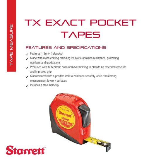 Starrett Exact Retractable Imperial / Metric Pocket Tape Measure - KTX12-12ME-N