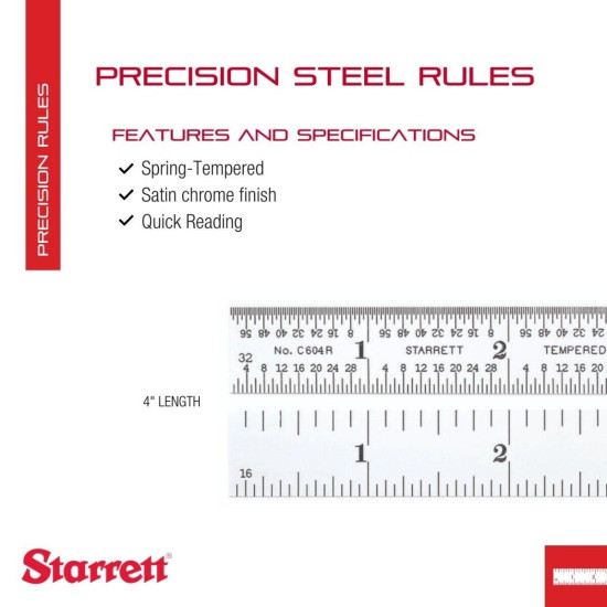 Starrett C604R-4 Spring Tempered Steel Rule With Inch Graduations