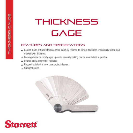 Starrett Reading Thickness Gage with Straight Leaves, Stainless Steel - 66BS