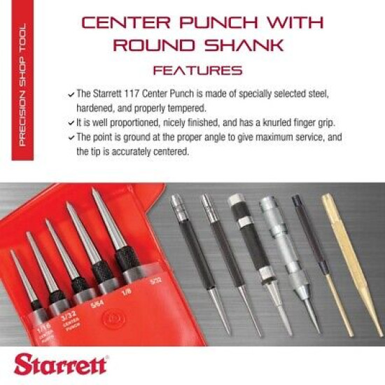 Starrett 117B Center Punch with Round Shank, 4-inch Length, 3/32-inch Tapered