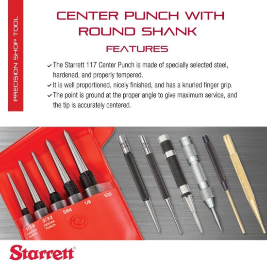 Starrett 117B Center Punch with Round Shank, 4-inch Length, 3/32-inch Tapered