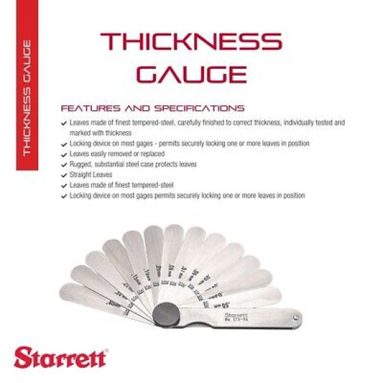 Starrett 173MA Metric Steel Thickness Gage, .03mm-.50mm Range, 13 Leaves